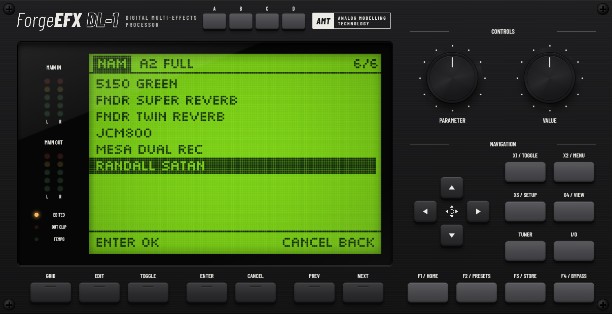DL-1 LCD showing the NAM model browser
